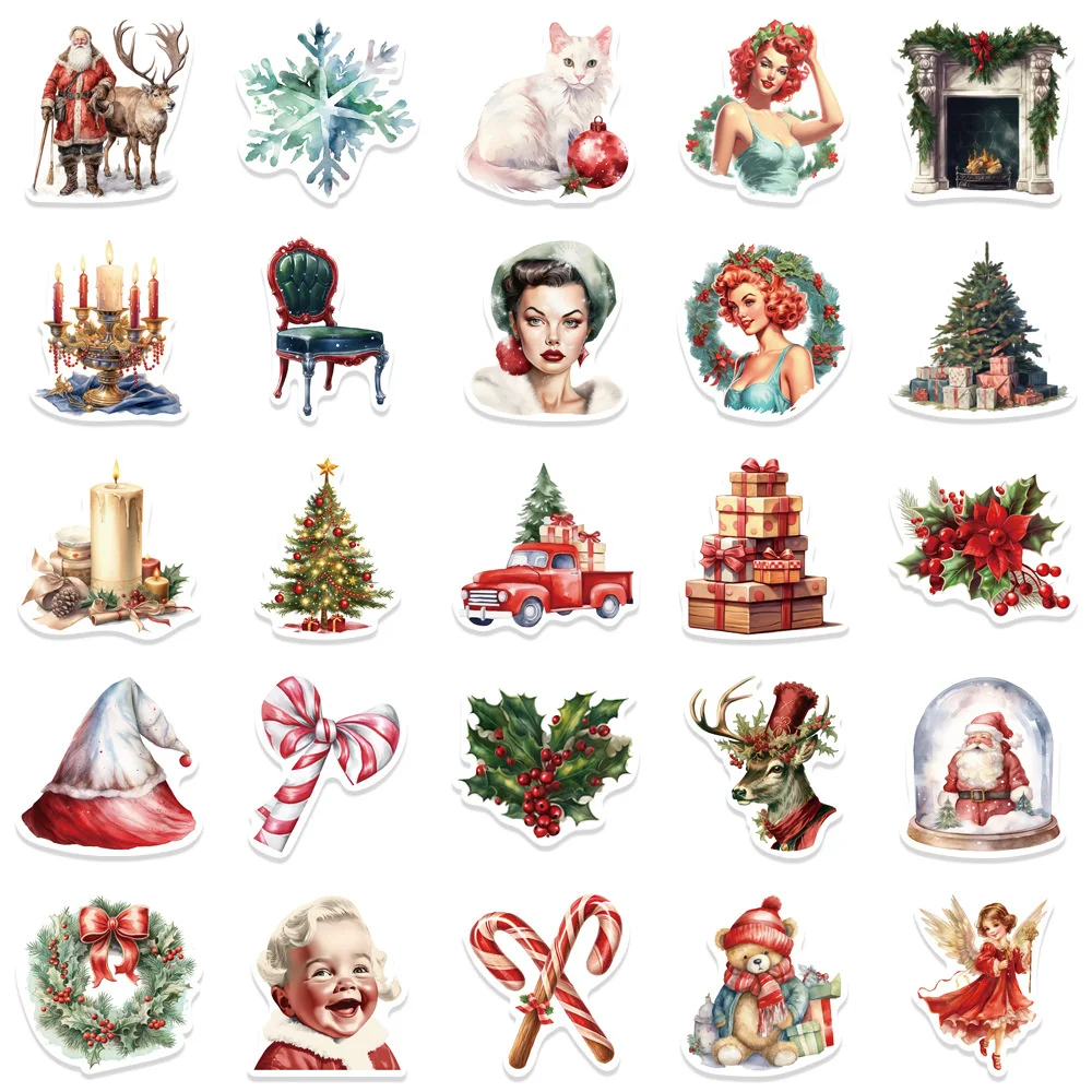 10/30/50PCS New INS Retro Christmas Stickers Cartoon Creative Animation iPad Desk Luggage  Chair Decoration Waterproof Wholesale