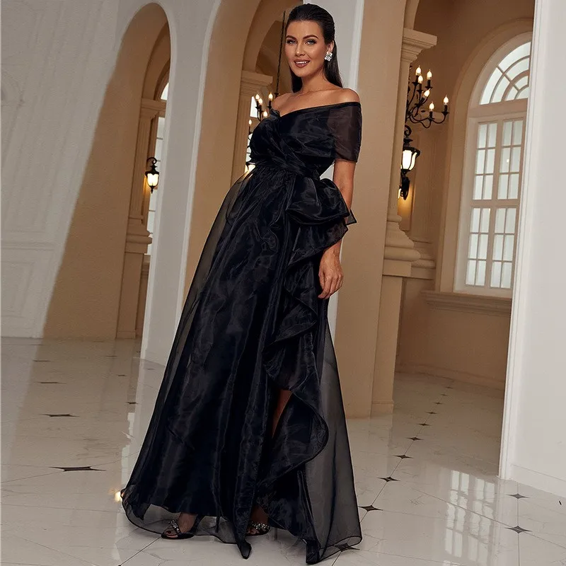 European and American Adult Black off-the-Shoulder Low-Cut Mesh Stitching Elegant High-End Women's Dress