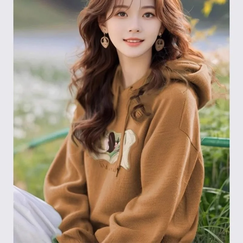 

Cartoon Applique Korean Style Casual Hooded Velvet Sweatshirt Jacket for Women Autumn and Winter Tops