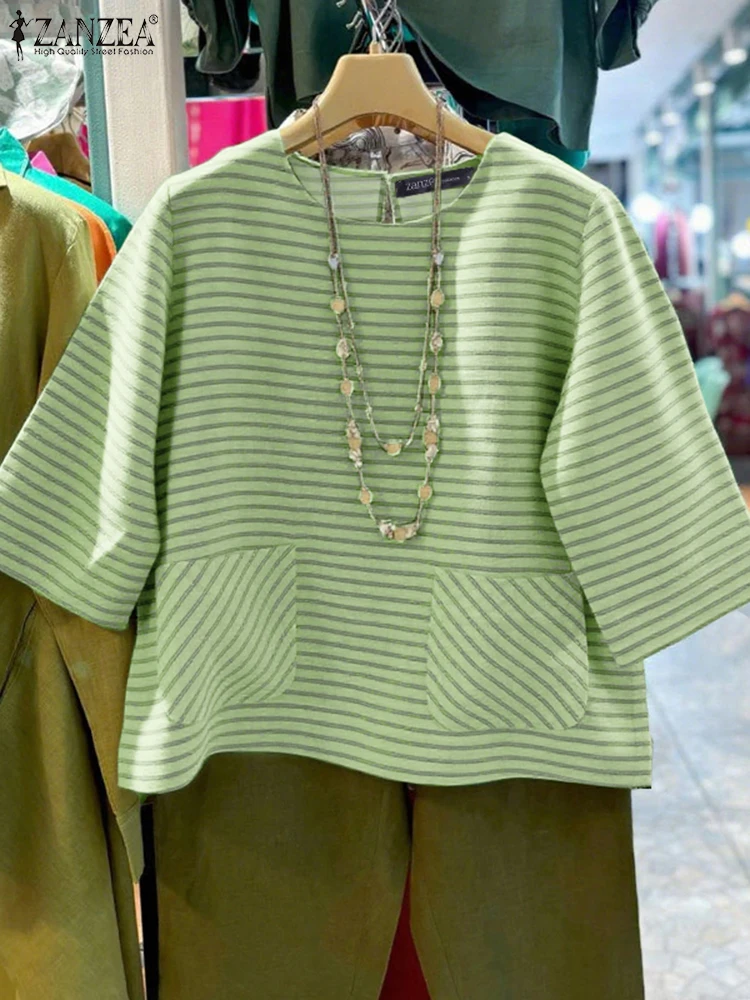 

Women Fashion Striped Blouse ZANZEA Summer 3/4 Sleeve Casual Shirts 2025 Autumn Printing Casual Tunic Korean Tops Loose Blusas