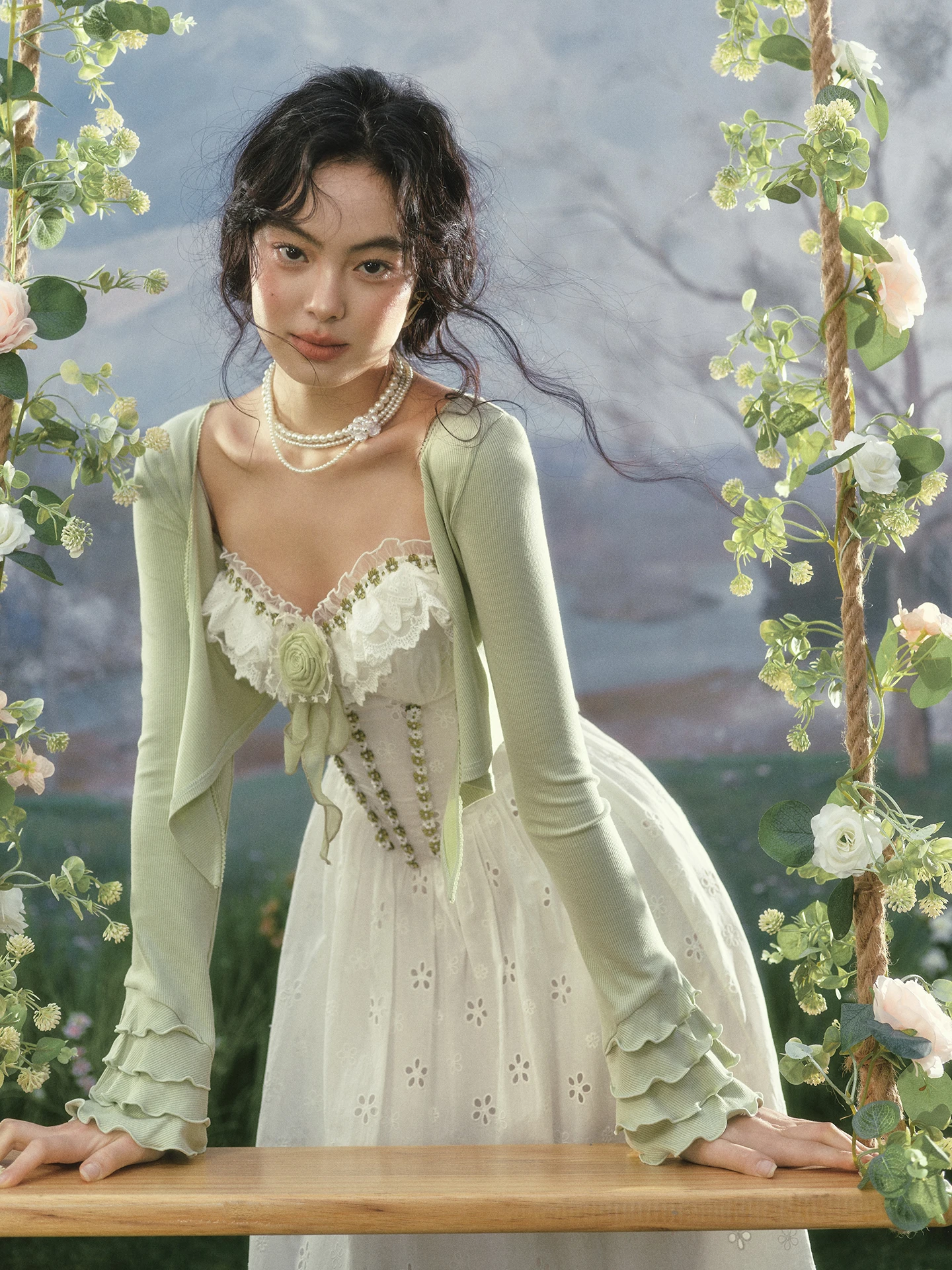 

LaceMade Mint Floral Cotton Blend Women's Dress Set White Gown Green Cardigan Lightweight Spring Summer Casual Fashion