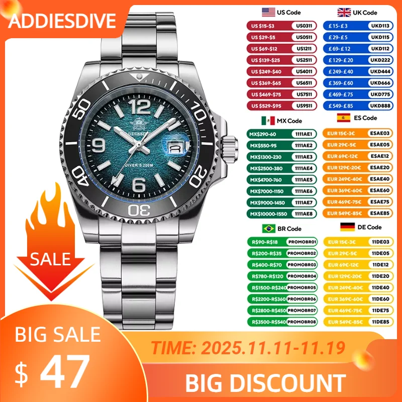 

ADDIESDIVE Ceramic Bezel Colorful Dial Quartz Watches 41mm AD2513 Reloj Hombre 200m Waterproof BGW9 Luminous Diver Watch For Men
