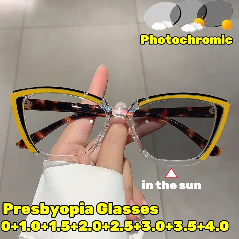 

Trendy Retro Cat Eye Photochromic Reading Glasses Women Men Splicing Colored Blue Light Blocking Eye Protection Unisex Glasses
