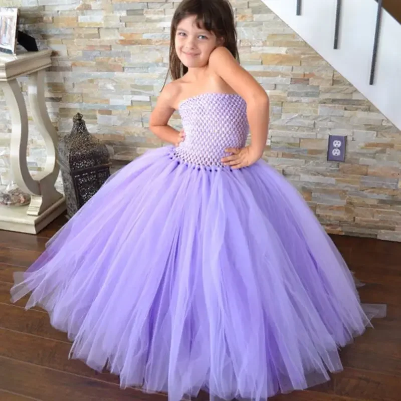 POSH DREAM Lavender Girls Dress with Train Tulle Princess Wedding Party Dress for Kids Girl Butterfly Bow Flower Girl Tutu Dress