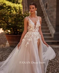 Fanan Spaghetti Straps Wedding Dress Tulle Appliques Customized Side Slit Ruched Ivory Bridal Party Gown Vestidos De Novia