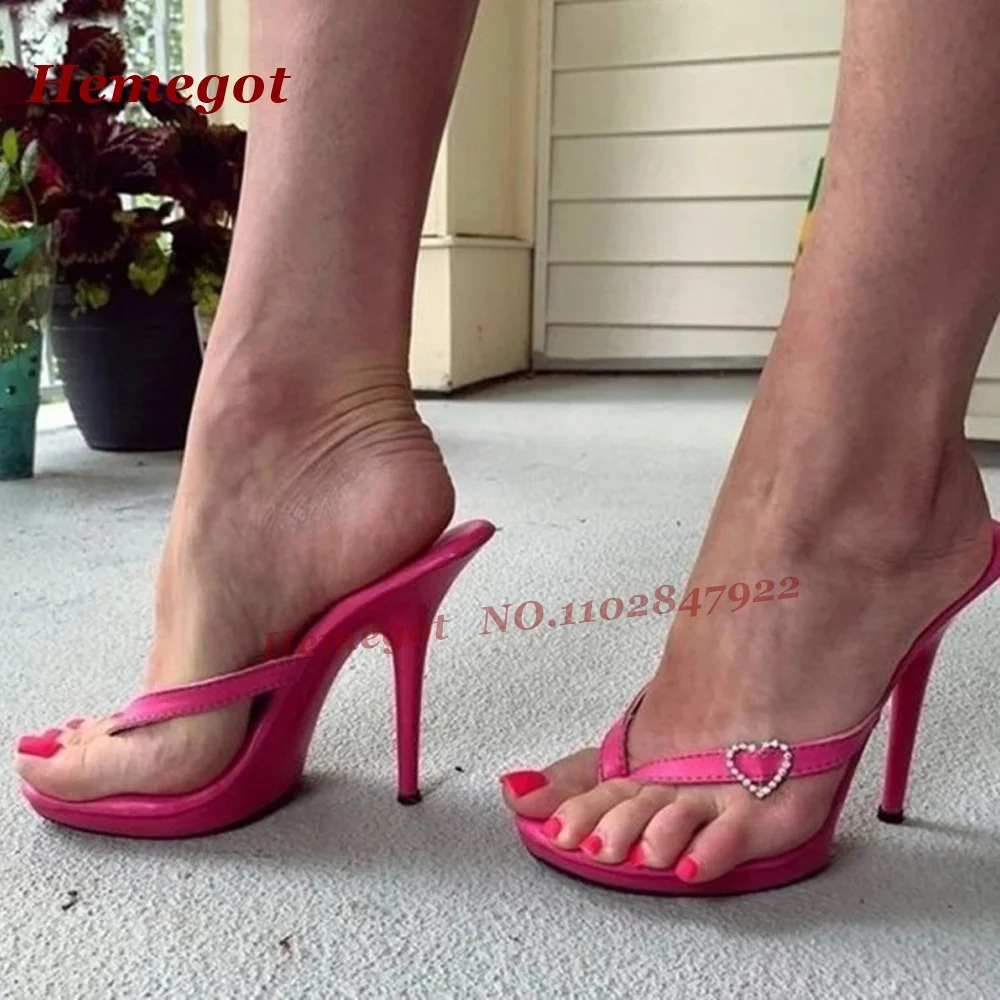 

Pink Clip-Toe Stiletto Slippers Love-Crystals Thin Heels Flip-Flops Solid Glossy Summer Outside Beach Shoes Casual Concise 2026