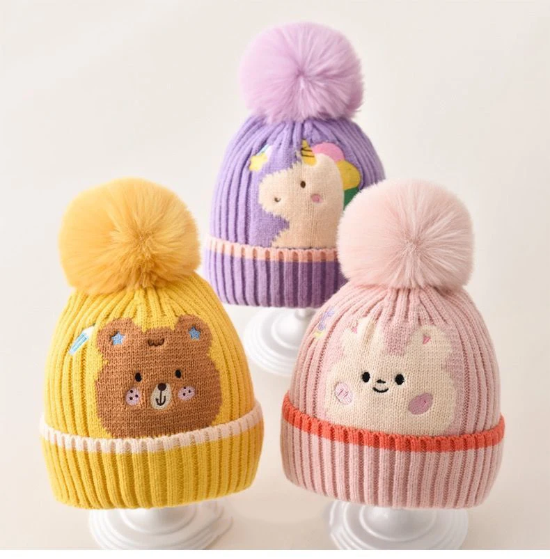 South Korea American Children's Winter Knitted Hat Cartoon Dinosaur Hairball Hats Boy Girl Wool Cap Kids Warm Windproof Caps 2-8