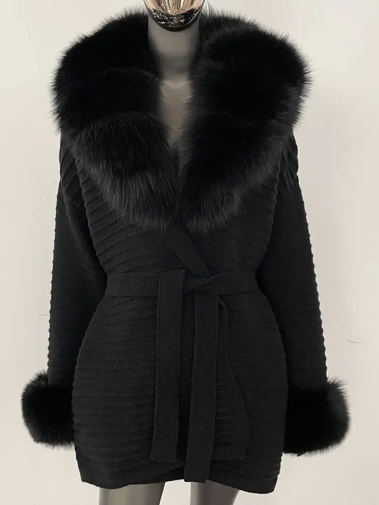 2025 nuova primavera autunno donna cintura maglieria caldo maglione di vera pelliccia di volpe cardigan lavorato a maglia oversize femminile abbigliamento femminile