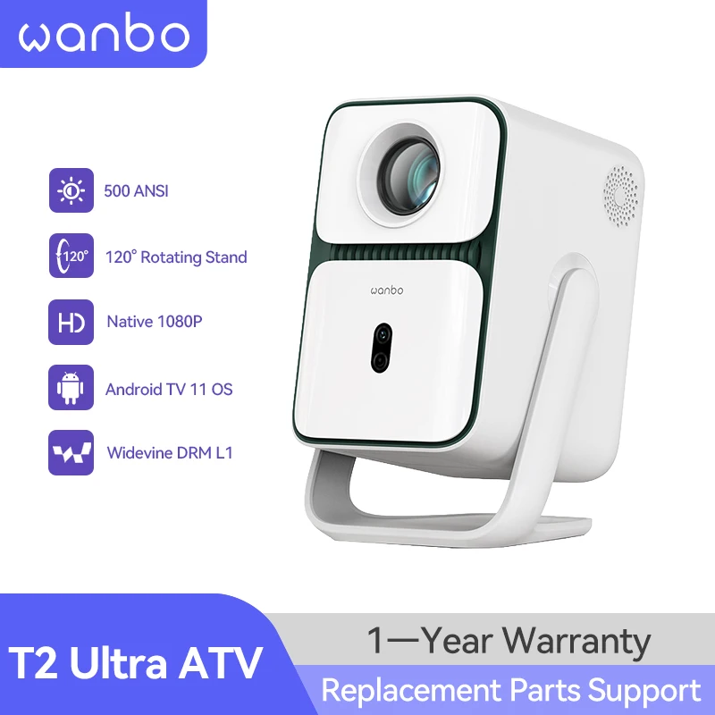 Wanbo T2 Ultra Android TV11.0 1080Pプロジェクター、4K対応、500ANSI
