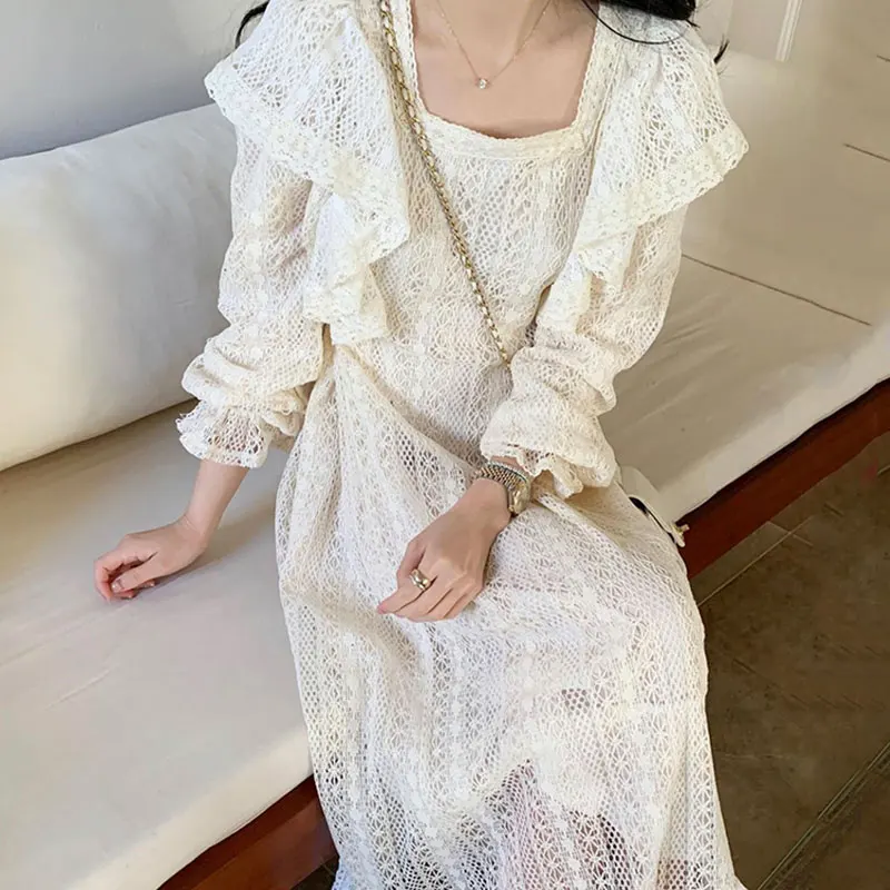 우아한 가을 긴팔 레이스 훅 디자인 스플라이스 거즈 엣지 드레스 시크 스퀘어 칼라 헤비 워크 드레스 (젊은 여성용)