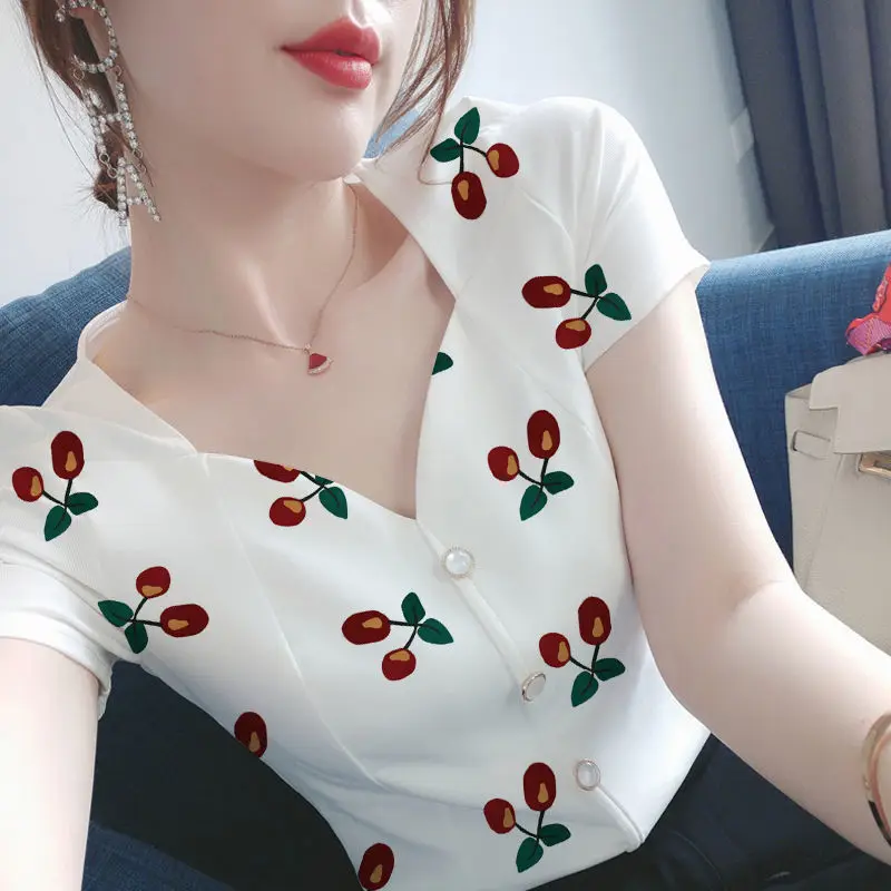 

Temperament Slim Printing Tops Summer New Short Sleeve Button Patchwork Floral Elegant T Shirts Fashion Office Women Clothing