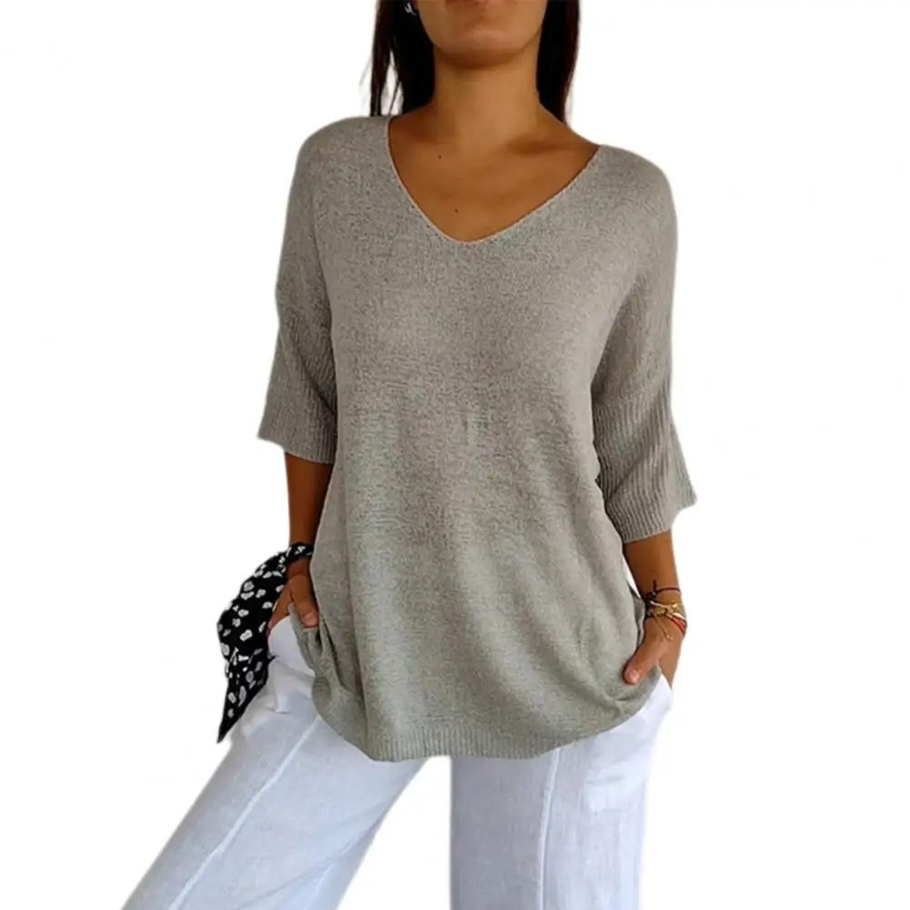 

Casual Three-quarter Sleeve Top Versatile Women's V-neck Knitting Tops Casual 3/4 Sleeve Sweater Solid Color Loose Fit