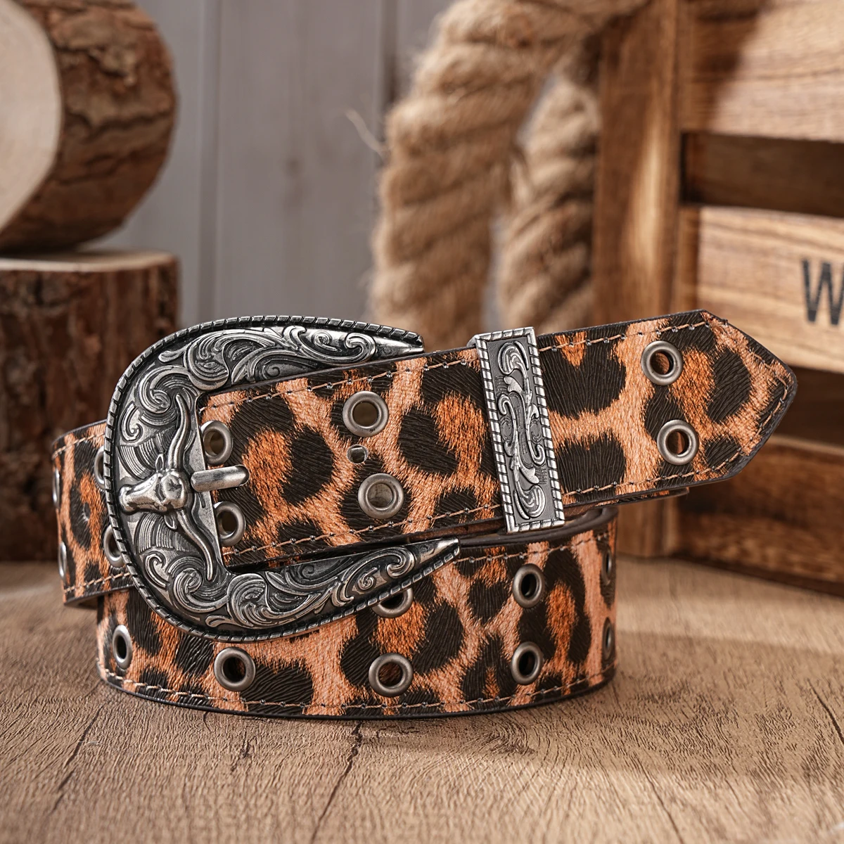 1 piece - Retro Western Buckle PU Leather Leopard Print Waist Belt - Suitable for both men and women - Punk style waist belt