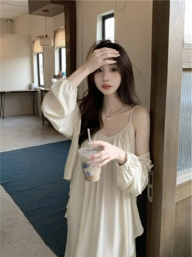 

Elegant Women's Strap Dress Two-Piece Set Asymmetrical Shawl Cardigan Spring Fashion Casual Commute Style Universal Fit