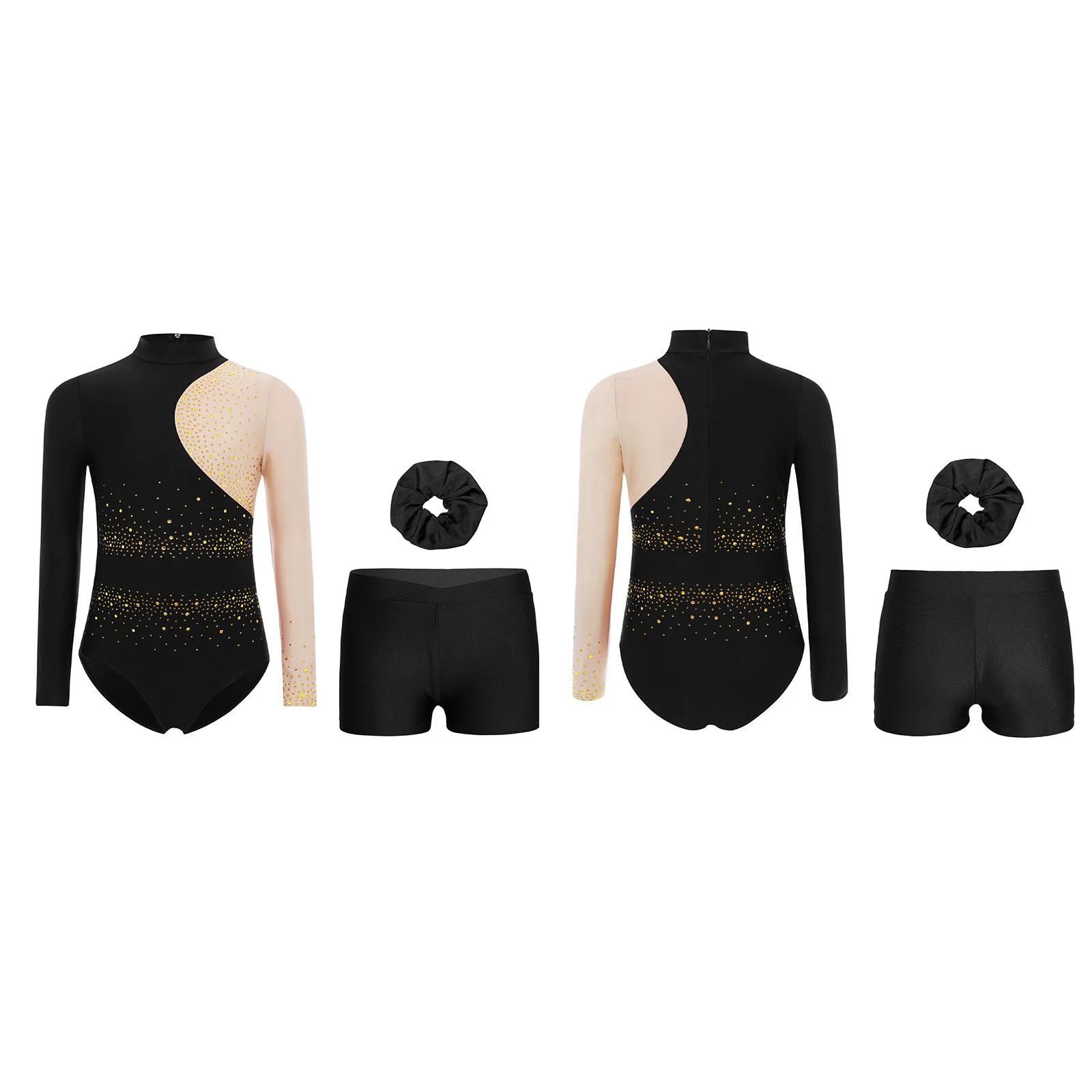 Kids Girls 3-Piece Ballet Yoga Dance Costume Suit Mock Neck Long Sleeves Gymnastics Leotard with Waistband Shorts And Hair Band