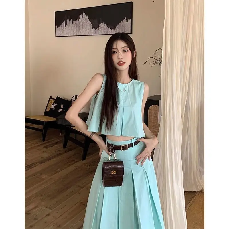 Suit Sleeveless Short Vest + High Waist Slim A Line Pleated SkirtGreen Color Korean Fashion Two Piece Skirt Sets Niche Design