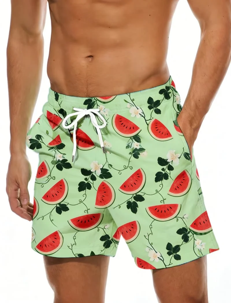 Men's Trendy Fruit Print Casual Shorts - Strawberry Watermelon Orange Blueberry Print Beach Shorts For Summer Vacation