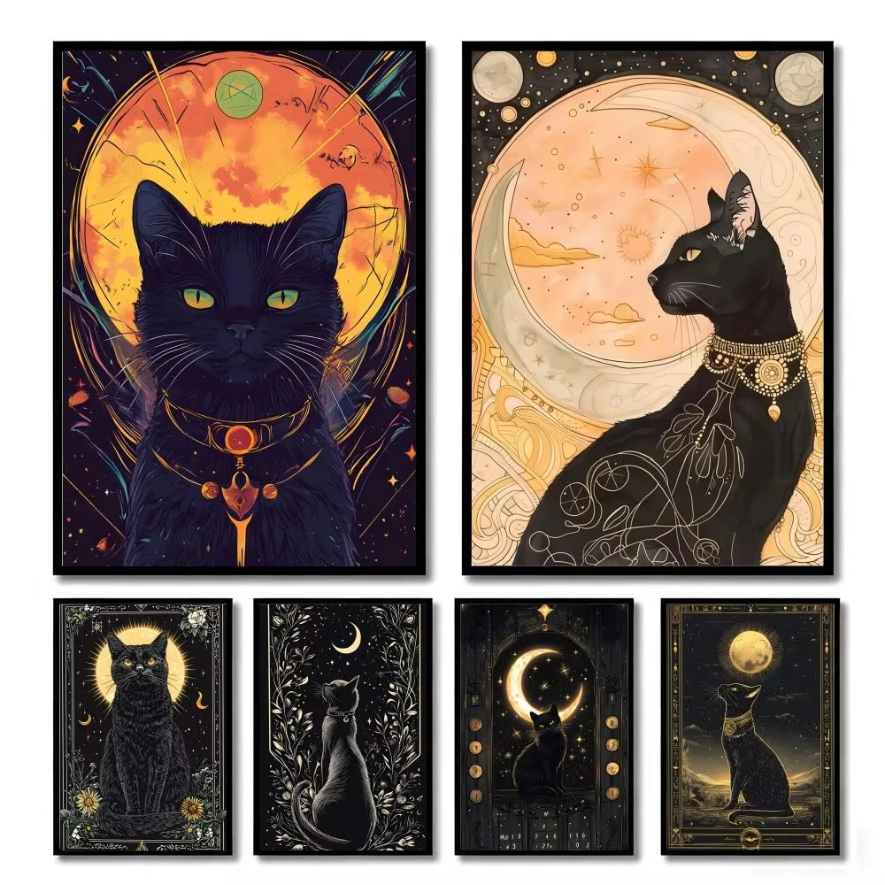 Niedliche Katze unter dem Vollmond Nachtszene 5D DIY Diamantmalerei-Set mit runden Steinen für Wohnzimmer Wandkunst Ästhetische Dekoration Geschenk