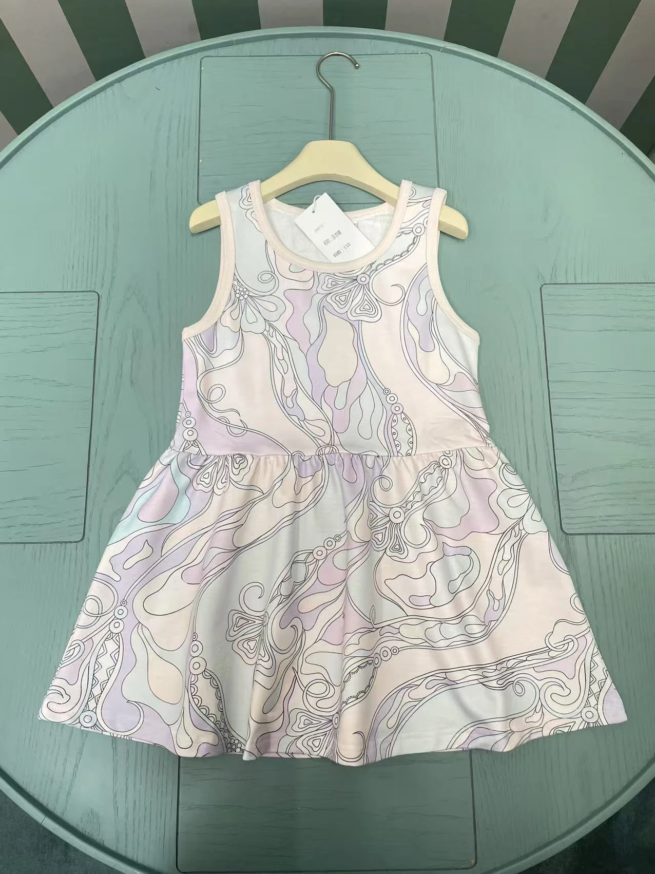 Girls Sleeveless Tank Dress Summer Light Purple Abstract Line Print A-line Skirt Toddler Kids Casual Princess Dress