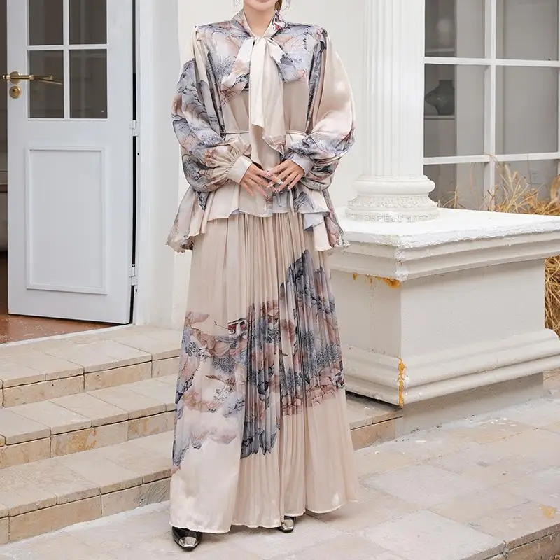 2025 New Elegant For Women Print Casual Loose Lace-up Batwing Sleeve Tops Wide Leg Pants 2 Pieces Suit Fashion Female Tracksuit