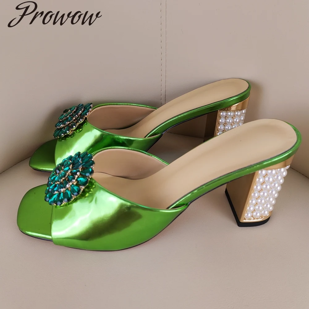 

Зеленые модные тапочки с круглой головкой и жемчугом, женская обувь на толстом каблуке, Zapatos Mujer