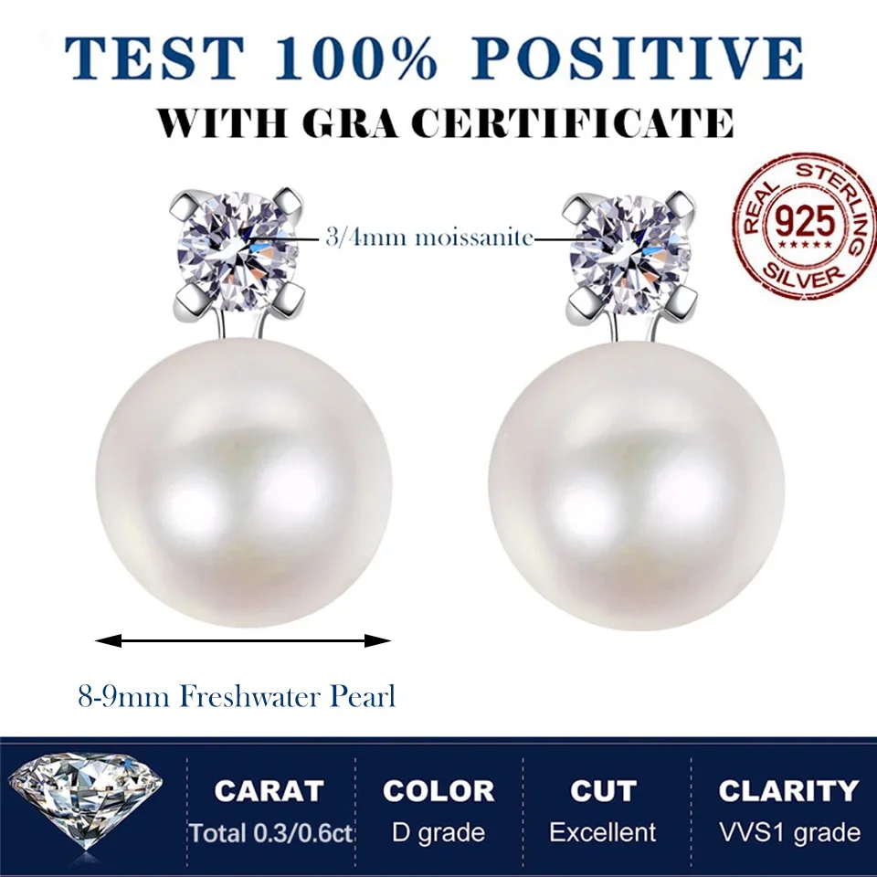 Houtros 0.1/0.3 Carat Moissanite Stud Earrings For Women Freshwater Pearl Drop Earring 925 Sterling Silver Fine Jewelry with GRA