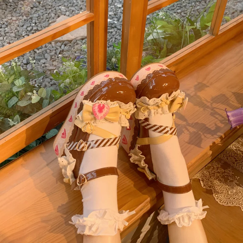 الحلو الفتيات لوليتا منصة مسطحة، الطالبات لطيف الدانتيل الفراولة Bowknots ماري جين الكاحل حزام مصعد الأحذية