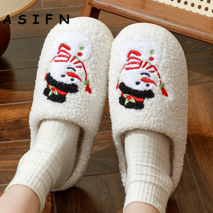 Snowman Winter Women Christmas Slippers Home Cotton Warm Non-slip Cute Flat Slip-on Merry Christmas Bedroom Comfy Shoes for Gift