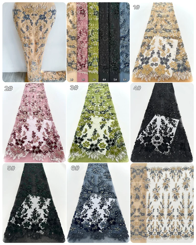African Lace Fabric 2025 Sequins Beads Embroidery Groom Nigerian Bridal High Quality Velvet French Lace Fabric For Wedding Dress