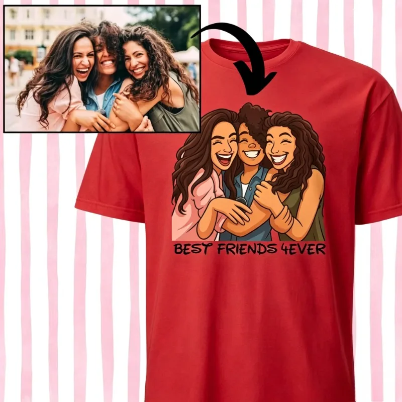 Personalized Custom Best Friends T‑Shirt Custom Cartoon Portrait From Photo Best Friends 4Ever Birthday Party Gift Women Casual