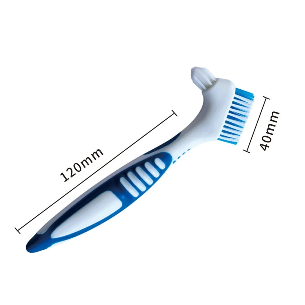 Cerdas multicapa para limpieza de dentaduras postizas, cepillo para cuidado bucal, mango de goma ergonómico antideslizante, cabezales duales, antibacterianos