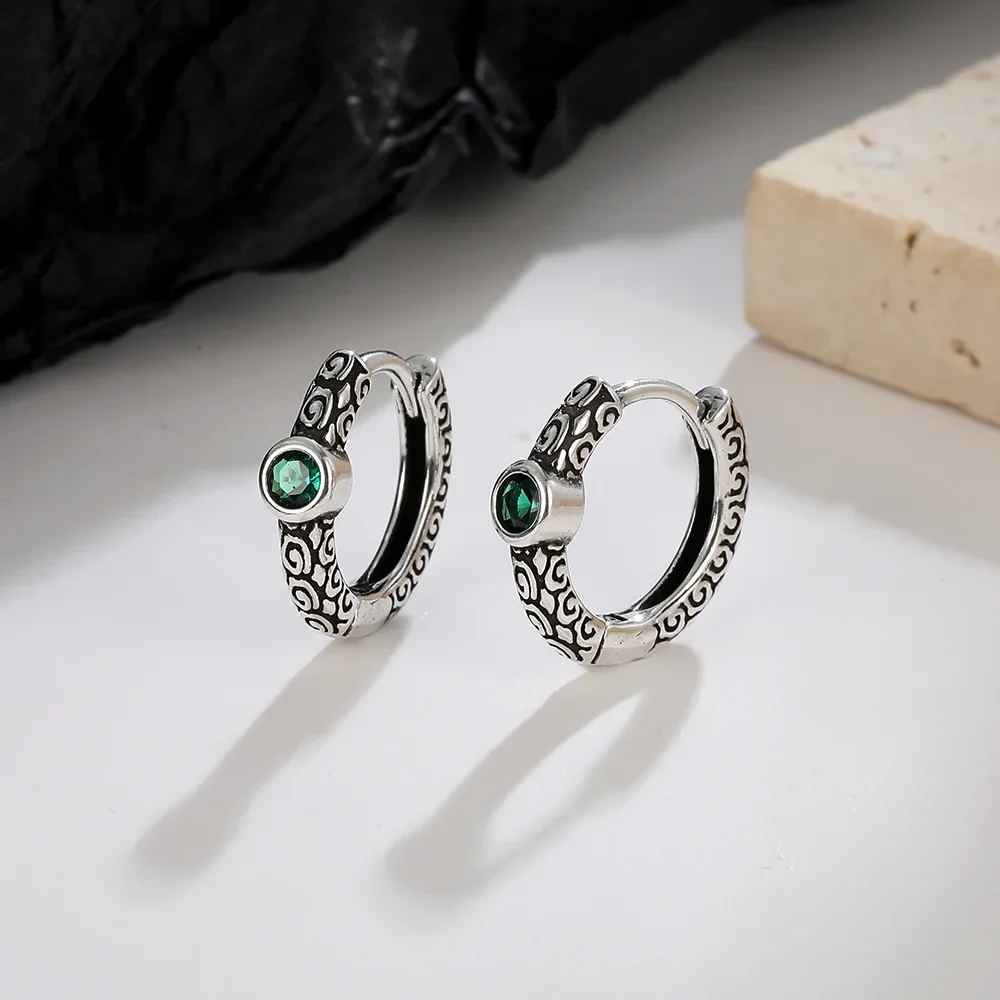 S925 Sterling Silver Vintage Thai Silver Ear Buckle Green Zirconium Unisex Earrings