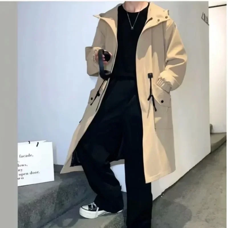 2025 Spring Autumn Army Green Windbreaker Fashion Men Mid-length Casual Hooded Coat Men Daily High Street Overcoat Male Clothes