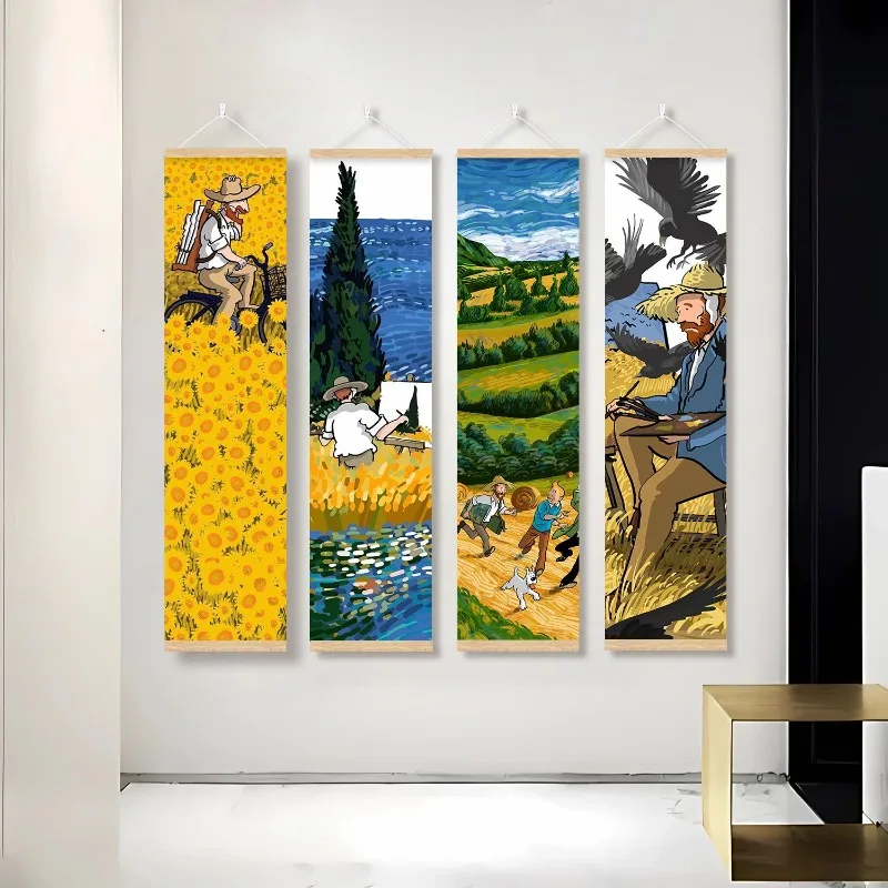 Van Gogh Cartoon Hanging Scroll Wall Art, Sunflower Wheat Field Landscape Decor Painting, Wooden Hanging Picture for Living Room
