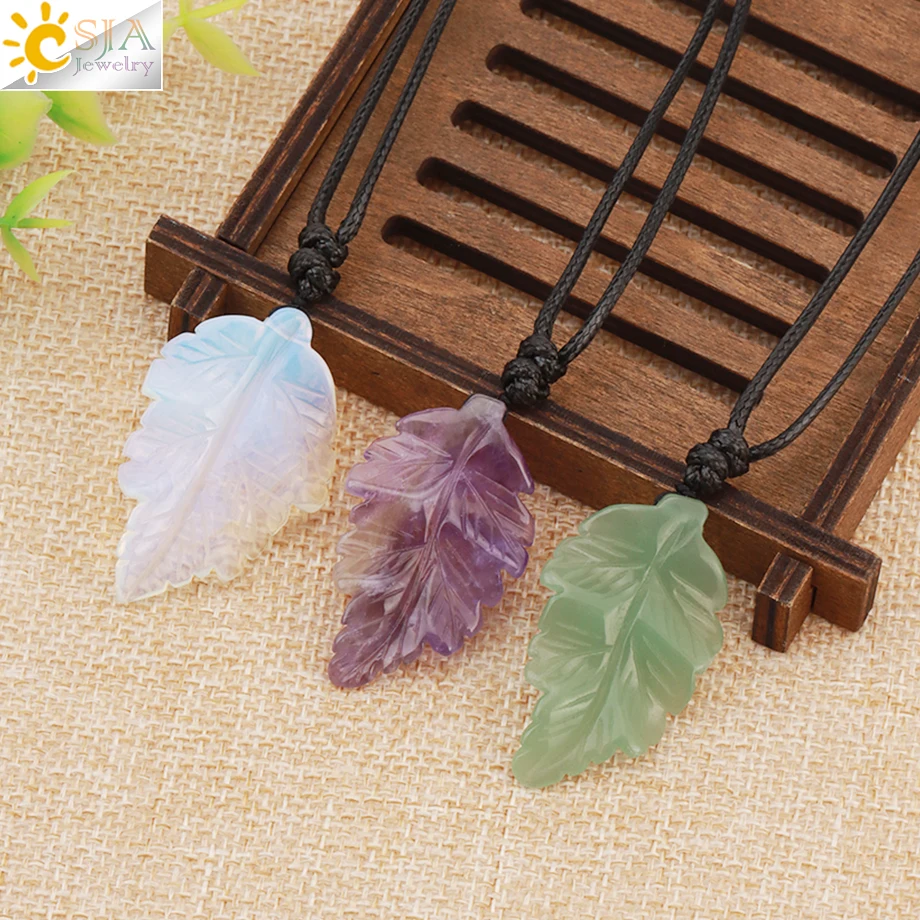 CSJA Natural Stone Leaves Pendant Necklace for Women Healing Hand Carved Crystal Necklaces Man Jewelry Halloween Gift H246