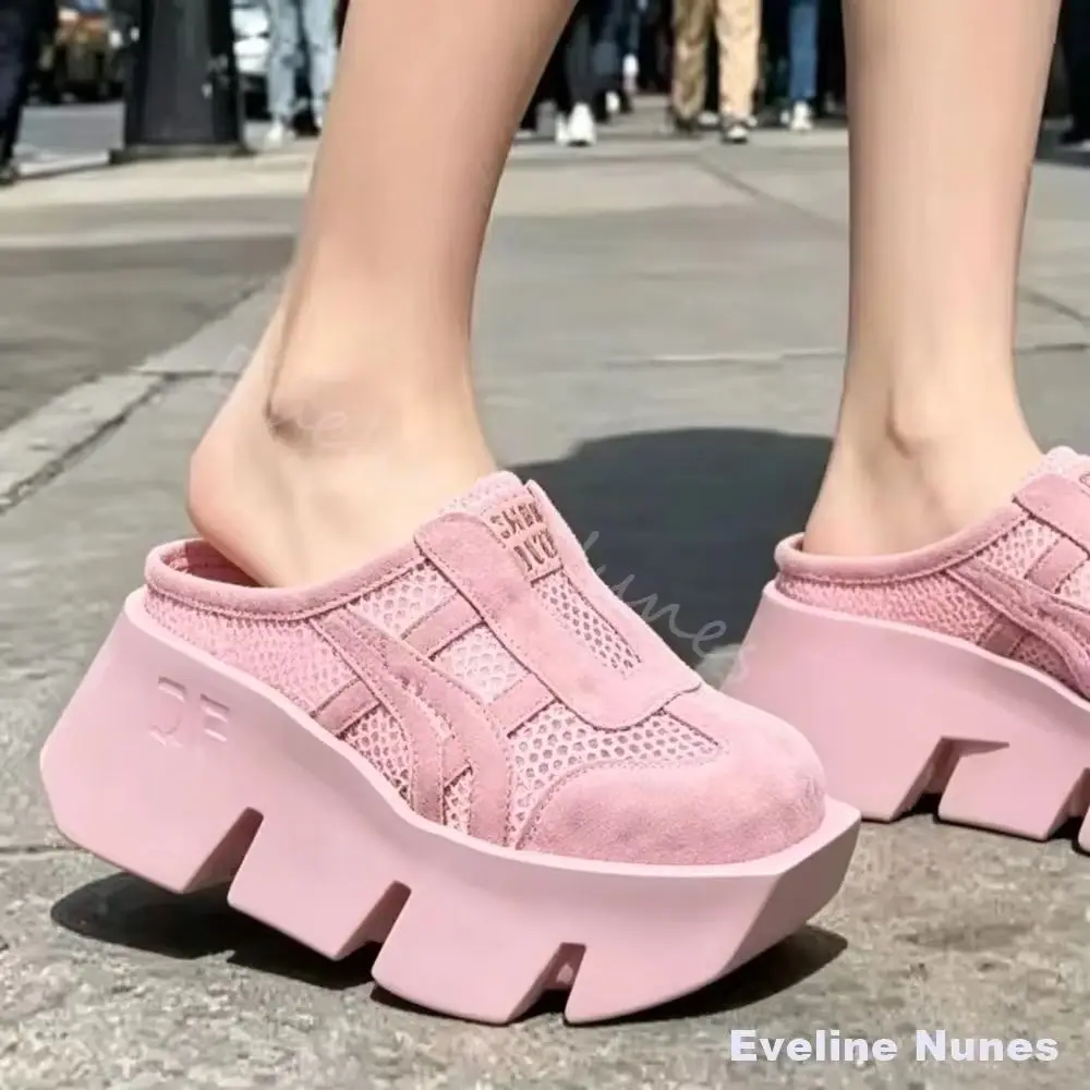 Platform Mesh Breathable Slippers Women Pink Techwear Style Closed Toe Chunky Heel Slip On Mules 2026 Summer Streetwear Sandals