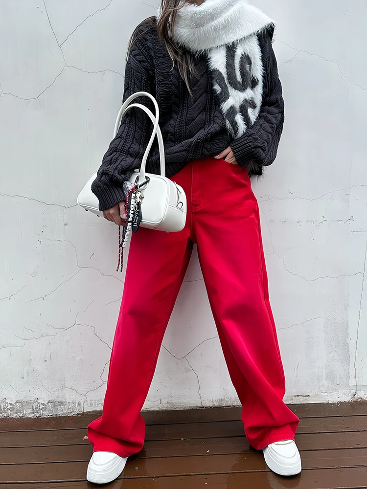 

Джинсы LEDIM WANG в стиле ретро, красные, прямого кроя, женские, повседневные, свободные, с высокой талией, хлопковые брюки, осенняя новинка, с низкой посадкой