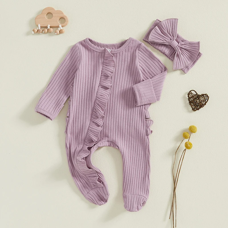 Newborn Girl Fall Outfit Solid Ribbed Ruffle Trim Long Sleeve Zipper Front Footed Jumpsuit Bow Headband 2-częściowy zestaw