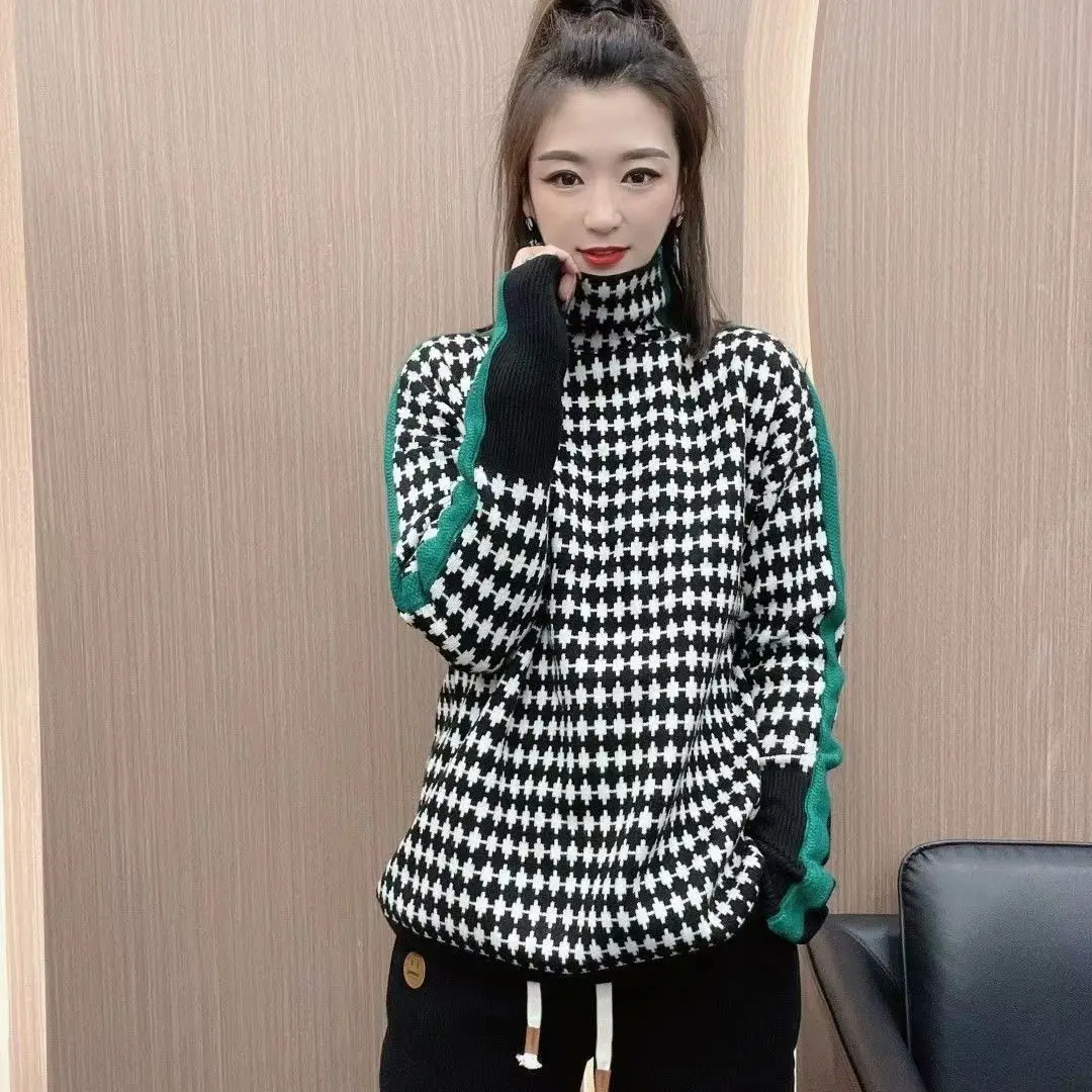 Pullover 2023  Cashmere Long Sleeve Collar Sweater Autumn and Winter Western Checkerboard Bottoming Pullover Sweater