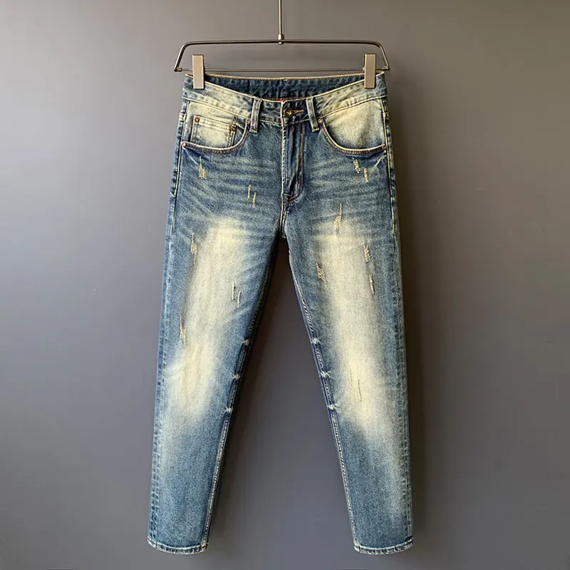 Włoski styl Moda Mężczyźni Dżinsy Wysokiej jakości Retro Sprany Niebieski Rozciągliwy Slim Fit Ripped Jeans Mężczyźni Vintage Designer Denim Pants