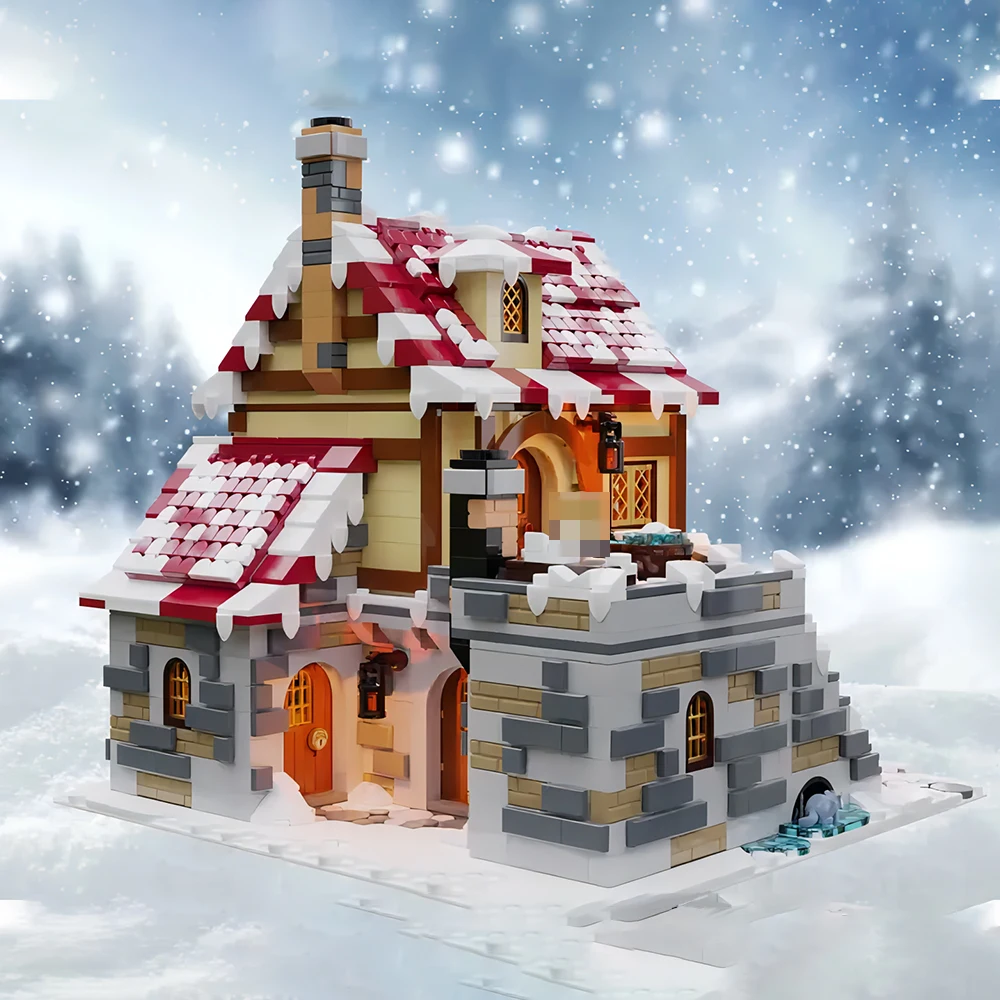 MOC Architecture City Hot Sale Christmas Street Scene Tavern Under the Snow Creative Snow House Model DIY Toy Boy New Year Gift