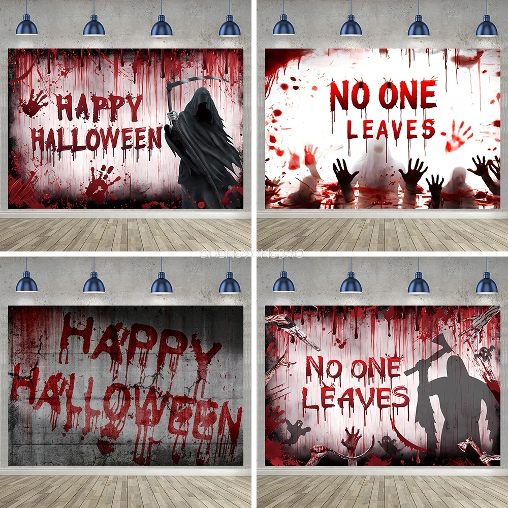 

Happy Halloween Scary Bloody Hands Background No One Leaves Ghosts 2024 Halloween Party Photography Backdrops Yard Decorations