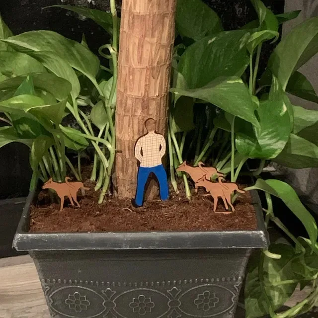 Vintage Wooden Family Figurines, Father Son Dog Plant Pot Decor