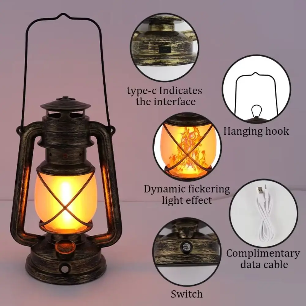 3 Lighting Modes Retro LED Camping Light USB Charging Retro Style Hanging Tent Light Flame Effect Portable Design Outdoor Light