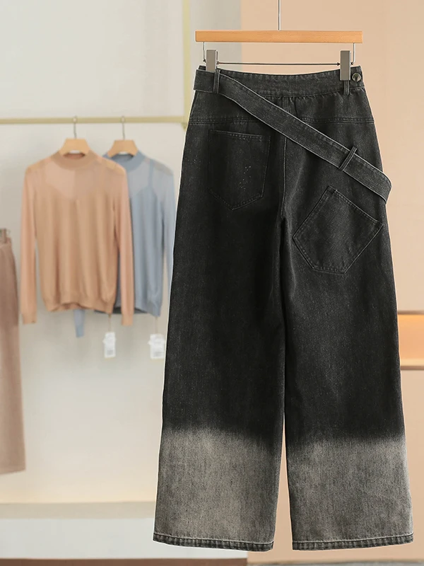 High Waist Wide Leg Gradient Denim Jeans Women's Autumn Winter American Retro Side Zipper Casual Loose Fit Trousers