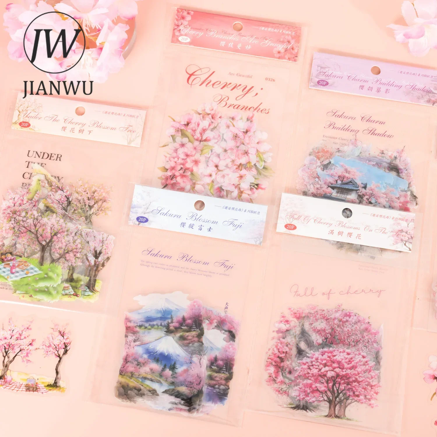 JIANWU Encounter Cherry Blossom Rain Series Vintage Flower Landscaping Material Collage PET Sticker Creative Journal Stationery