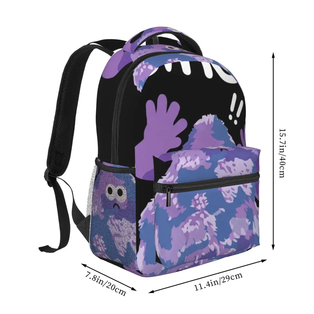 Lilac Cute Student Backpack Center Fuzzy Monster Whimsical Illustration Solid Black Purple Multi Soft Color Bookbag for Girls