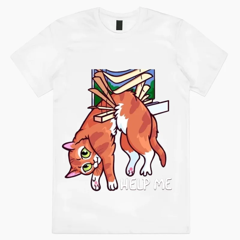 2024 letni damski bawełniany t-shirt czarny Oversize nadruk kota krótki rękaw Unisex na co dzień prosty wygodny Top Y2K