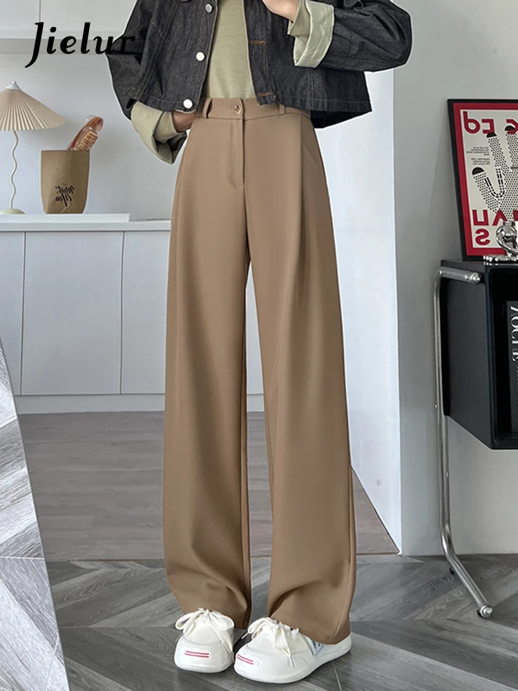 

Jielur Grey Khaki Suit Trousers for Women New Korean High-waisted Casual Pants for Women Straight Leg Baggy Pants Female Y2K