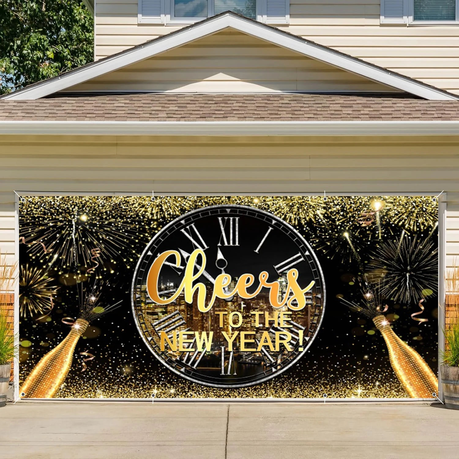 2025 Happy New Year Garage Door Decor Banner Clock Countdown Firework Champagne Gold Black Garage Door for Outdoor Courtyard